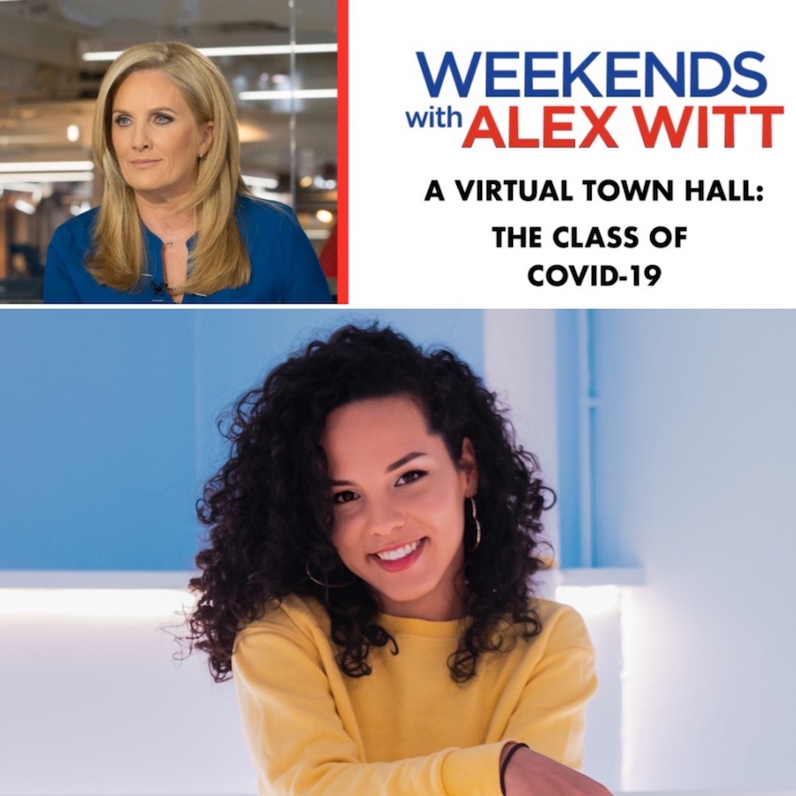 blonde woman in blue shirt in photo on left, right text reads "weekends with Alex Witt A Virtual Town Hall: The Class of COVID-19" in blue and red. Image of Tatiana with dark curls and yellow top below